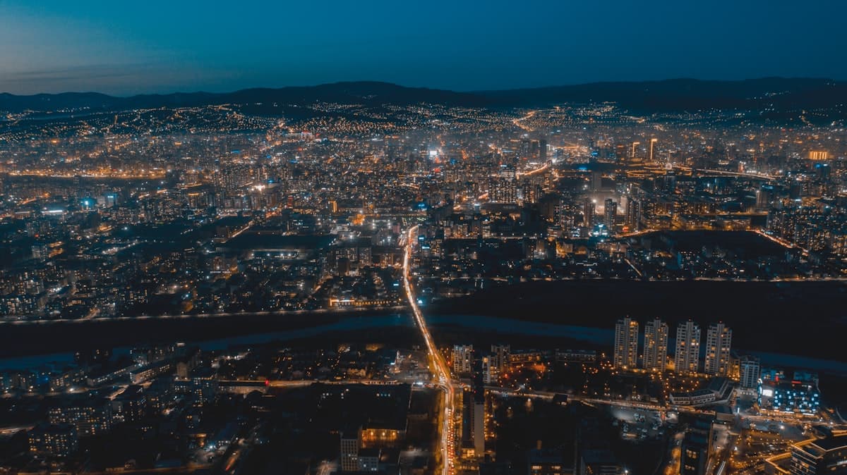 Ulaanbaatar lit up at night, seen from above