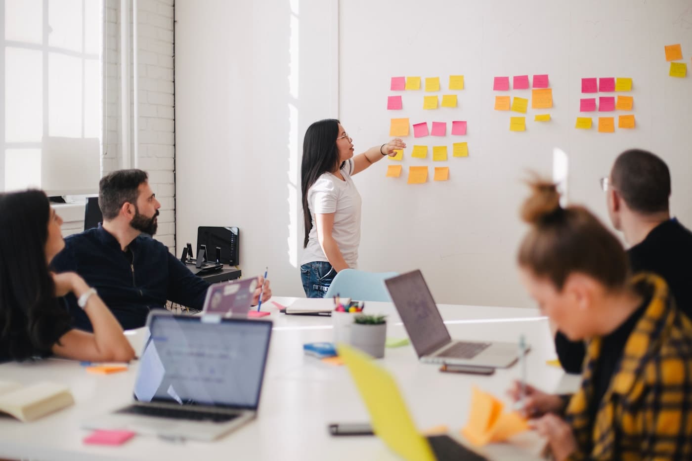 A planning session in front of a wall of notes